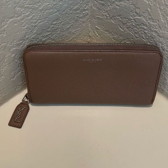 YSL Yves Saint Laurent Zip Around Long Wallet Taupe Brown Minimalist Luxury - Picture 1 of 9
